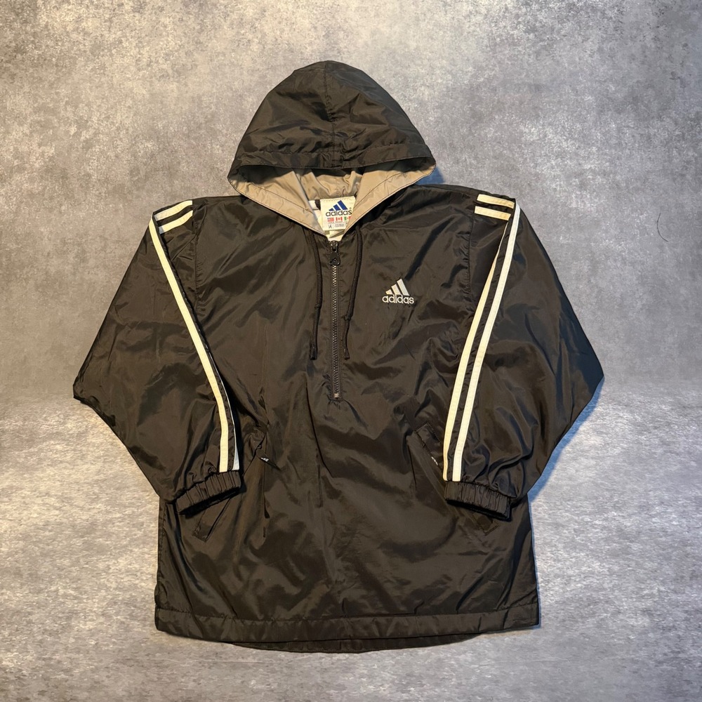 Vintage Adidas Kids Black White 3 Stripe Half Zip Hooded Windbreaker Jacket S